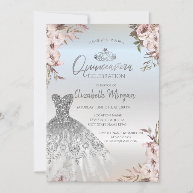 Convites Boho Flowers Vestir Silver Quinceanera (Frente)