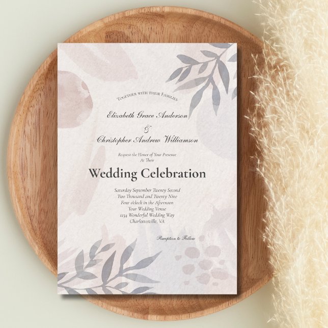 Convites Boho Folhas Botânicas Rosa Azul Casamento Aquarela (Boho blush pink blue gray abstract shapes leaves Wedding Invitation Printed or Instant Download )