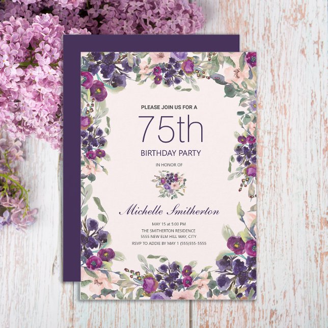 Convites Boho Folhas Verde Sage Roxo Floral Rosa 75º (Elegant purple and pink watercolor floral 75th birthday party invitation)