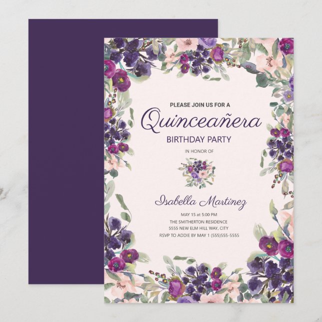 Convites Boho Folhas Verdes Roxo Rosa Floral Quinceañera (Frente/Verso)