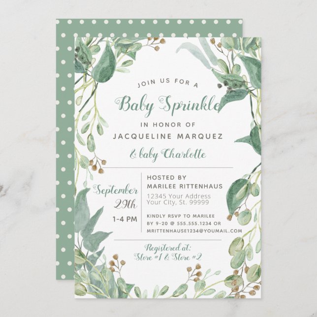 Convites BOHO Foliage Eucalyptus Greenery Baby Sprinkle (Frente/Verso)