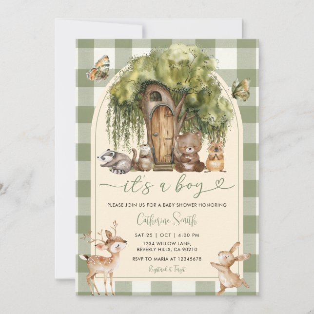 Convites Boho forest wild animals baby shower Green Gingham (Frente)