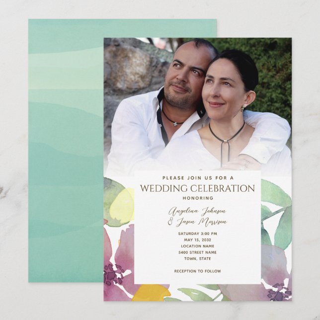 Convites Boho Foto Floral Aquarela Casamento (Frente/Verso)