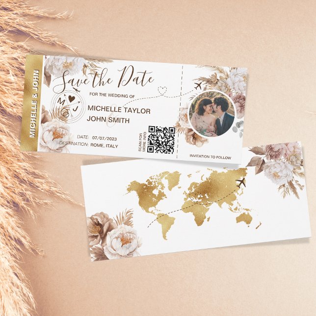 Convites Boho Foto Salvar Data Embarque Embarque Código QR (boho pampas grass gold world map)