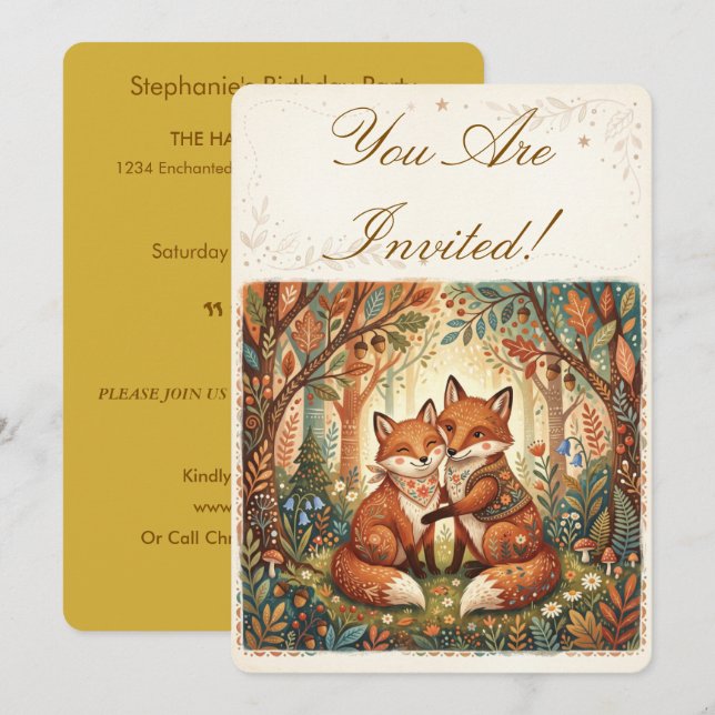 Convites Boho Fox Amor Floresta Terra Natalício (Frente/Verso)