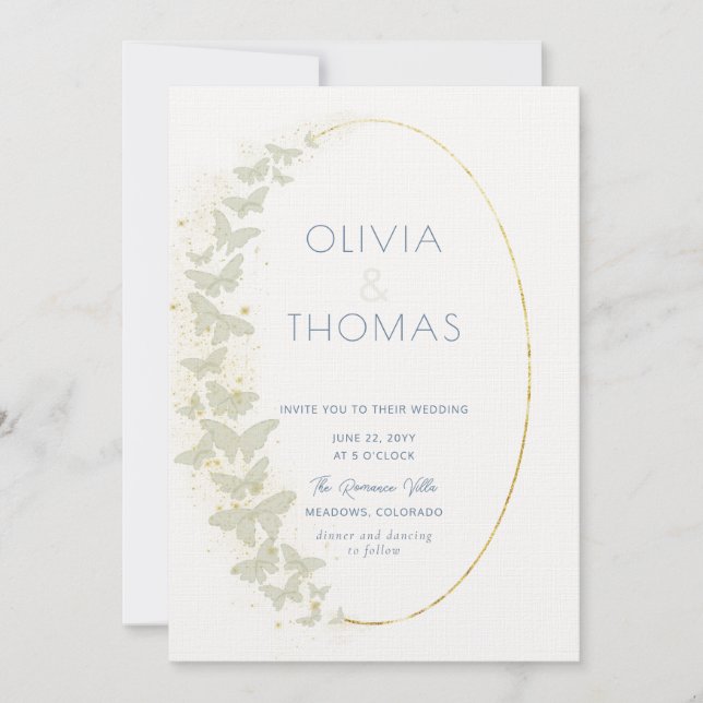 Convites Boho Frame Azul Borboletas Douradas Casamento Lega (Frente)