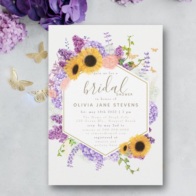 Convites Boho Frame Butterfly Chá de panela (modern rustic hydrangea sunflower butterfly bridal shower invitation frame elegant bohemian purple)