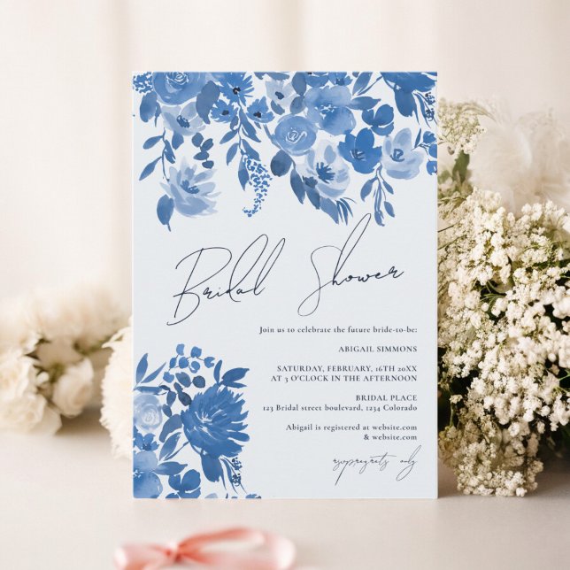 Convites Boho francês azul-mão pintado chá de panela floral (Boho french blue hand painted floral bridal shower invitation)