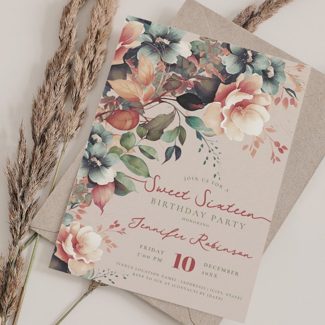 Convites Boho Garden Floral Sweet 16 Champanhe de Aniversár (Boho Garden Floral Sweet 16 Birthday Champagne Invitation)