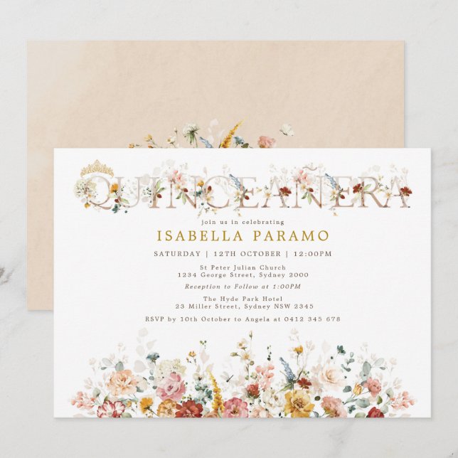 Convites Boho Garden Flowers Quinceañera 15 Birthday (Frente/Verso)