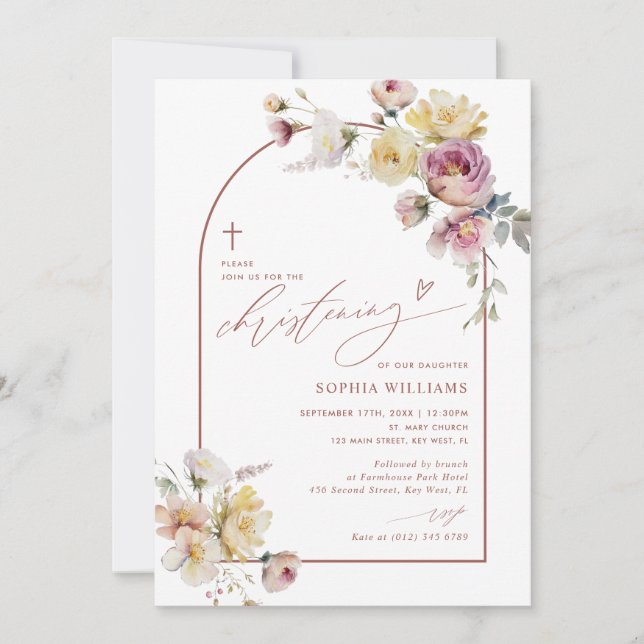 Convites Boho Garden Rose Flowers Christening Invitation (Frente)