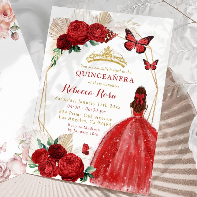Convites Boho Geométrico Dourada e Rosas vermelhas Quinceañ (Criador carregado)