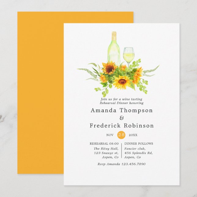 Convites Boho Girassóis Ensaio de Janto Provando de vinho (Frente/Verso)
