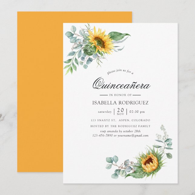 Convites Boho Girassol Eucalipto Quinceañera (Frente/Verso)