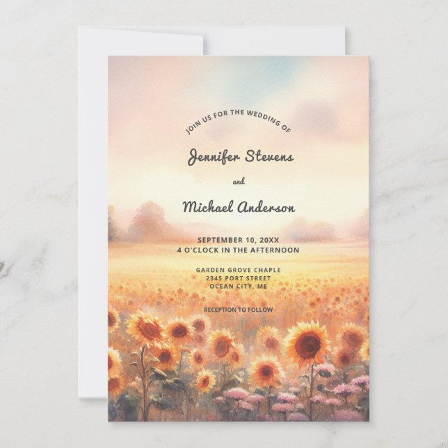 Convites Boho Girassol Rústico Aquarela Casamento Country I (Frente)