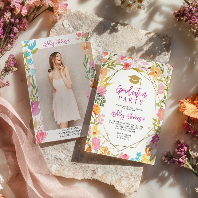 Convites Boho glitter floral watercolor photo graduation (Boho glitter floral watercolor photo graduation invitation)