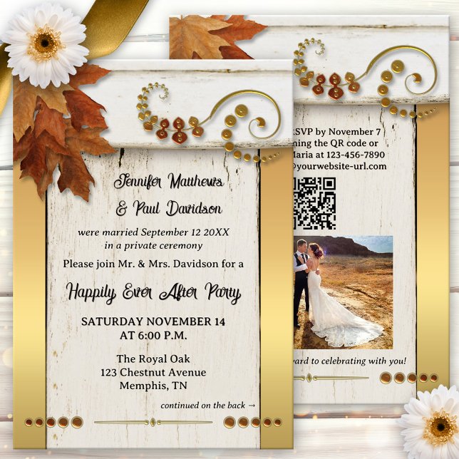 Convites Boho Gold Fall Leaves Happily Ever After (Boho chic happily ever after wedding party invitation featuring a rustic design with fall leaves)