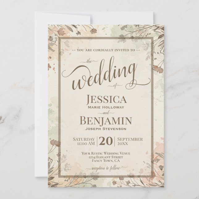 Convites Boho Grasses & Wildflowers Stylish Script Wedding (Frente)
