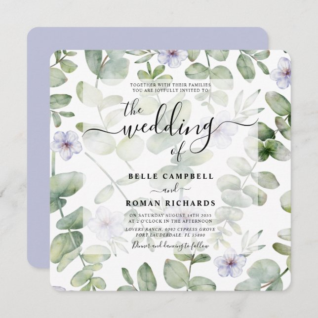 Convites Boho Green Eucalyptus & Purple Floral Weding (Frente/Verso)