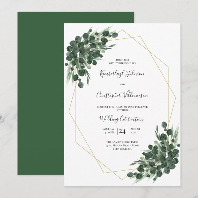 Convites Boho Green Watercolor Eucalyptus Casamento Geométr (Frente/Verso)