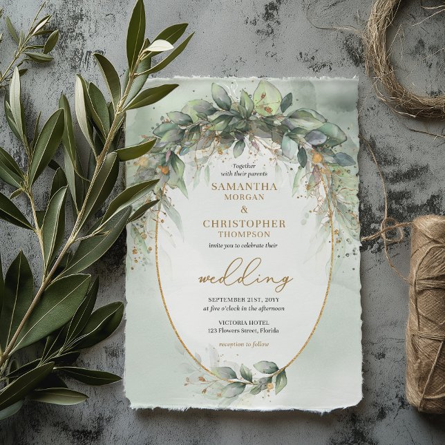 Convites Boho greenery eucalyptus foliage gold casamento (EDITABLE Trendy watercolor greenery eucalyptus gold frame wedding invitation template )