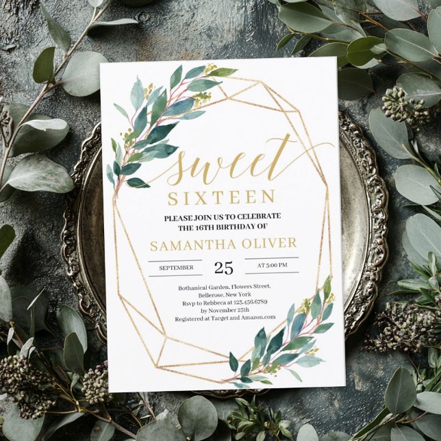 Convites Boho Greenery eucalyptus gold frame doce dezesseis (Boho Greenery eucalyptus gold frame sweet sixteen Invitation)