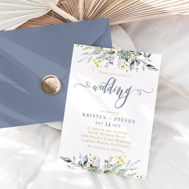 Convites Boho Greenery Eucalyptus Wedding Dusty Blue (Criador carregado)