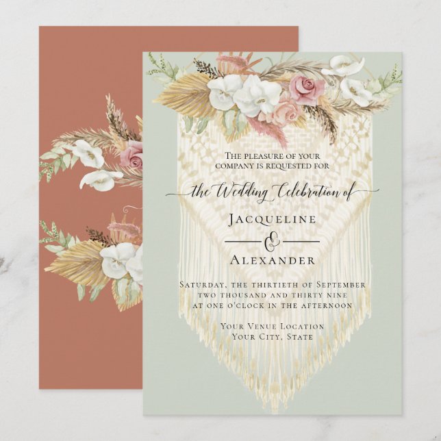 Convites BoHO Greenery Floral Pampas Grass Casamento Macram (Frente/Verso)