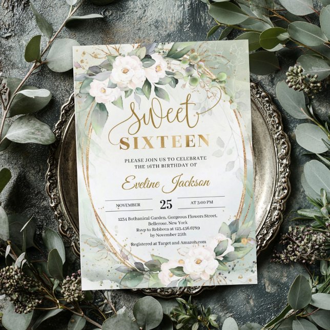 Convites Boho Greenery rosas brancas folha de ouro 16 (Greenery white roses gold foil oval sweet 16 invit invitation)
