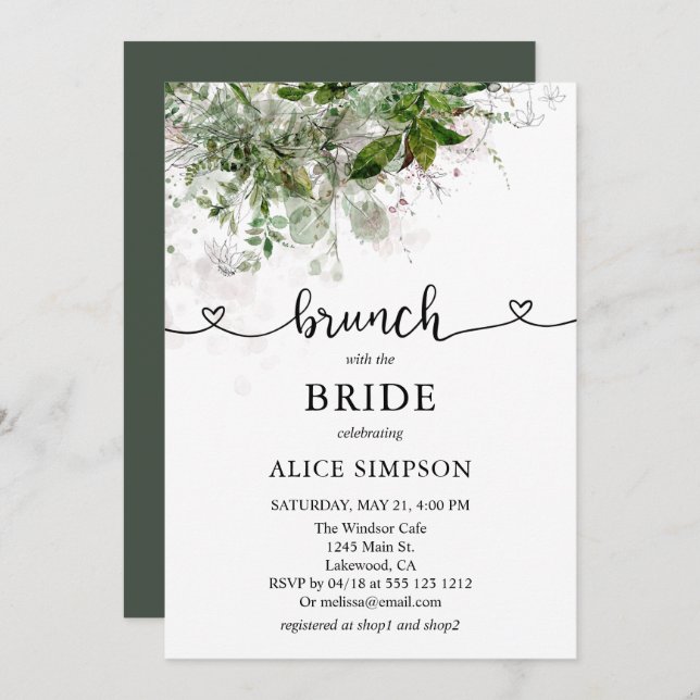 Convites Boho Greenery Script Heart Brunch Chá de panela (Frente/Verso)