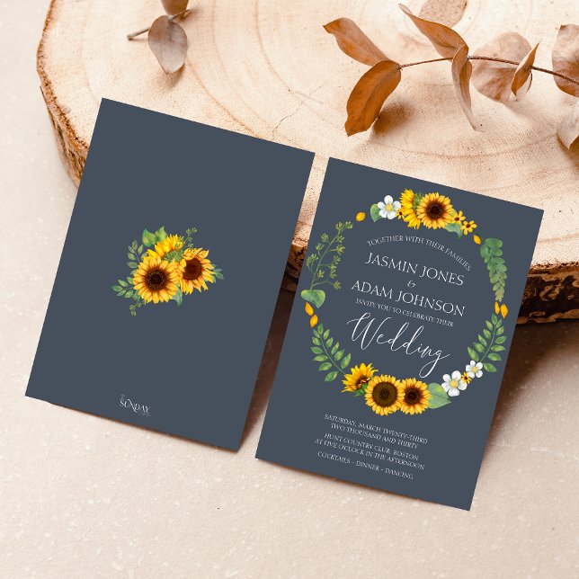 Convites Boho Greenery Sunflower Royal Casamento Azul (Rustic Yellow and Navy Blue Sunflower Boho Wedding Invitation)