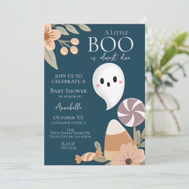 Convites Boho Halloween Chá de fraldas Cute Ghost em Teal (Em pé/Frente)