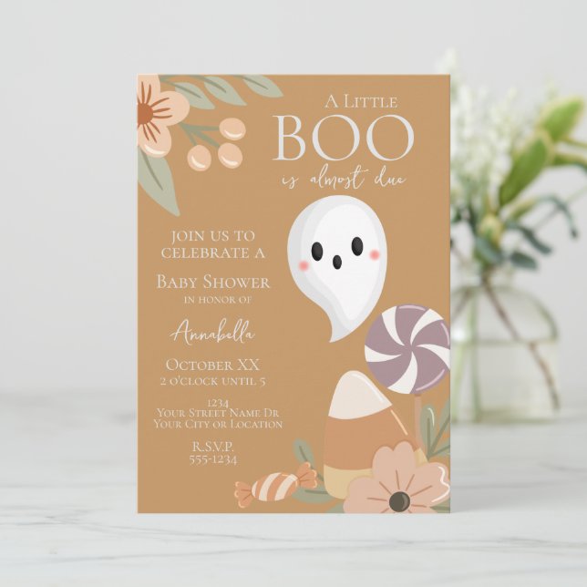 Convites Boho Halloween Chá de fraldas Ghost Dusty Orange (Em pé/Frente)