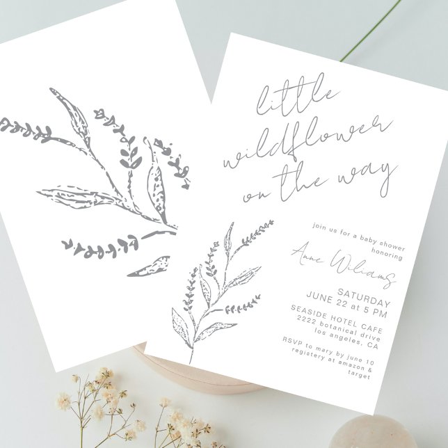 Convites Boho Hand-drawn Wildflower White Grey Baby Shower (Criador carregado)
