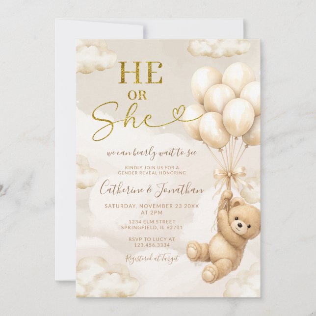 Convites Boho He Or She Beige Balloons Bear Gender Reveal (Frente)