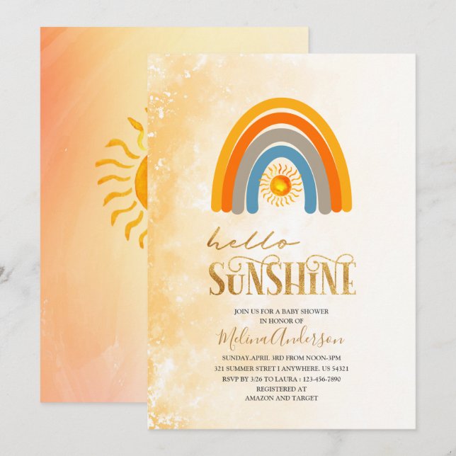 Convites Boho Hello Sunshine chá de fraldas (Frente/Verso)