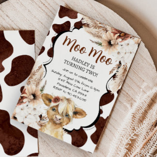 Convites Boho Highland Cow Birthday Fazenda