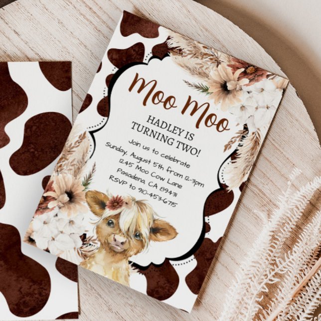 Convites Boho Highland Cow Birthday Fazenda (Criador carregado)