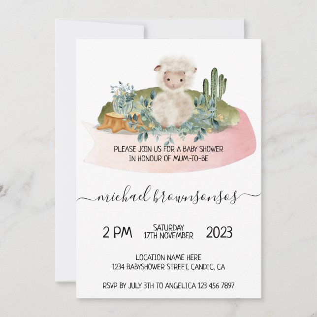 Convites Boho Lamb Sheep Tropical Baby Shower (Frente)