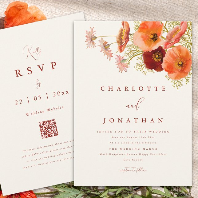 Convites Boho Laranja Flor Silvestre Casamento de Outono (Boho wildflower fall wedding invitation with elegant script and website qr code)