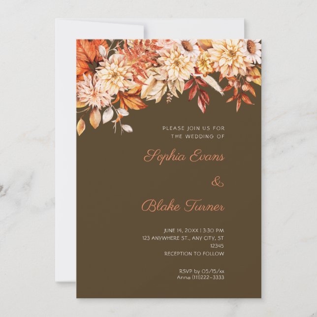 Convites Boho Laranja Floral Inverno Café Marrom Casamento (Frente)