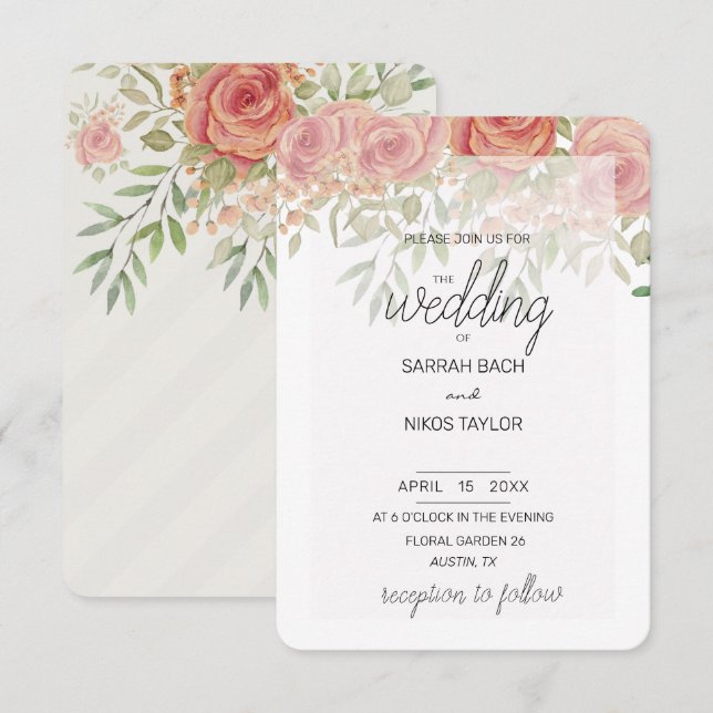 Convites Boho Laranja Leve E Rosas Leves Aquarela (Frente/Verso)