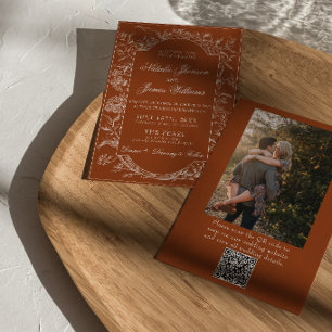 Convites Boho Laranja Queimado Floral Código QR Foto Casame