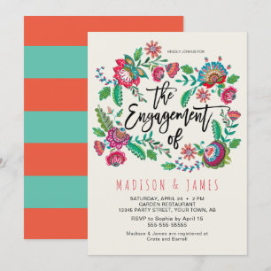 Convites Boho Laranja & Turquesa listra Floral Noivado