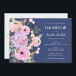 Convites Boho Lavanda Azul Floral Watercolor Bat Mitzvah<br><div class="desc">Lavanda cor-de-rosa-d'água,  cor-de-rosa,  Bat Mitzvah Convite num Fundo Azul</div>
