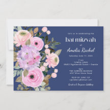 Boho Lavanda Azul Floral Watercolor Bat Mitzvah