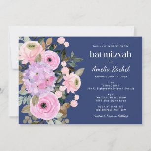 Convites Boho Lavanda Azul Floral Watercolor Bat Mitzvah