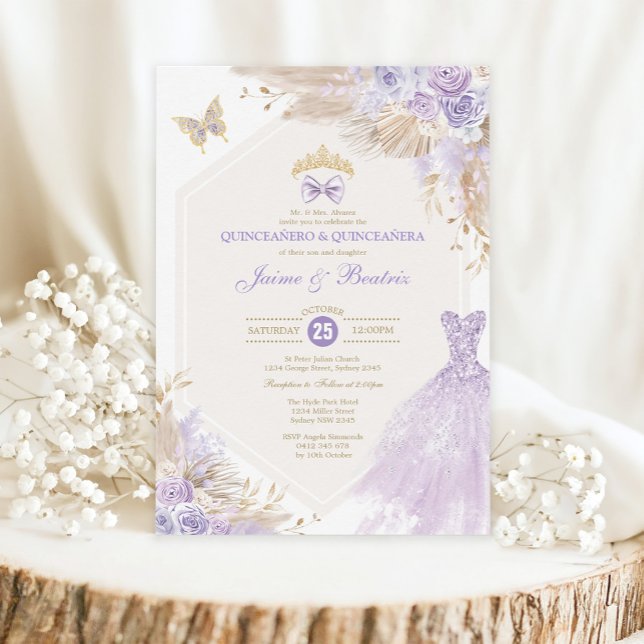 Convites Boho Lavanda Gêmeas Florais Garota Quinceañera (Criador carregado)