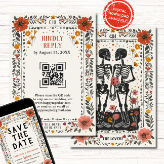 Convites Boho Letterpress Style Skeleton Tarot Wedding RSVP