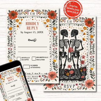 Convites Boho Letterpress Style Skeleton Tarot Wedding RSVP